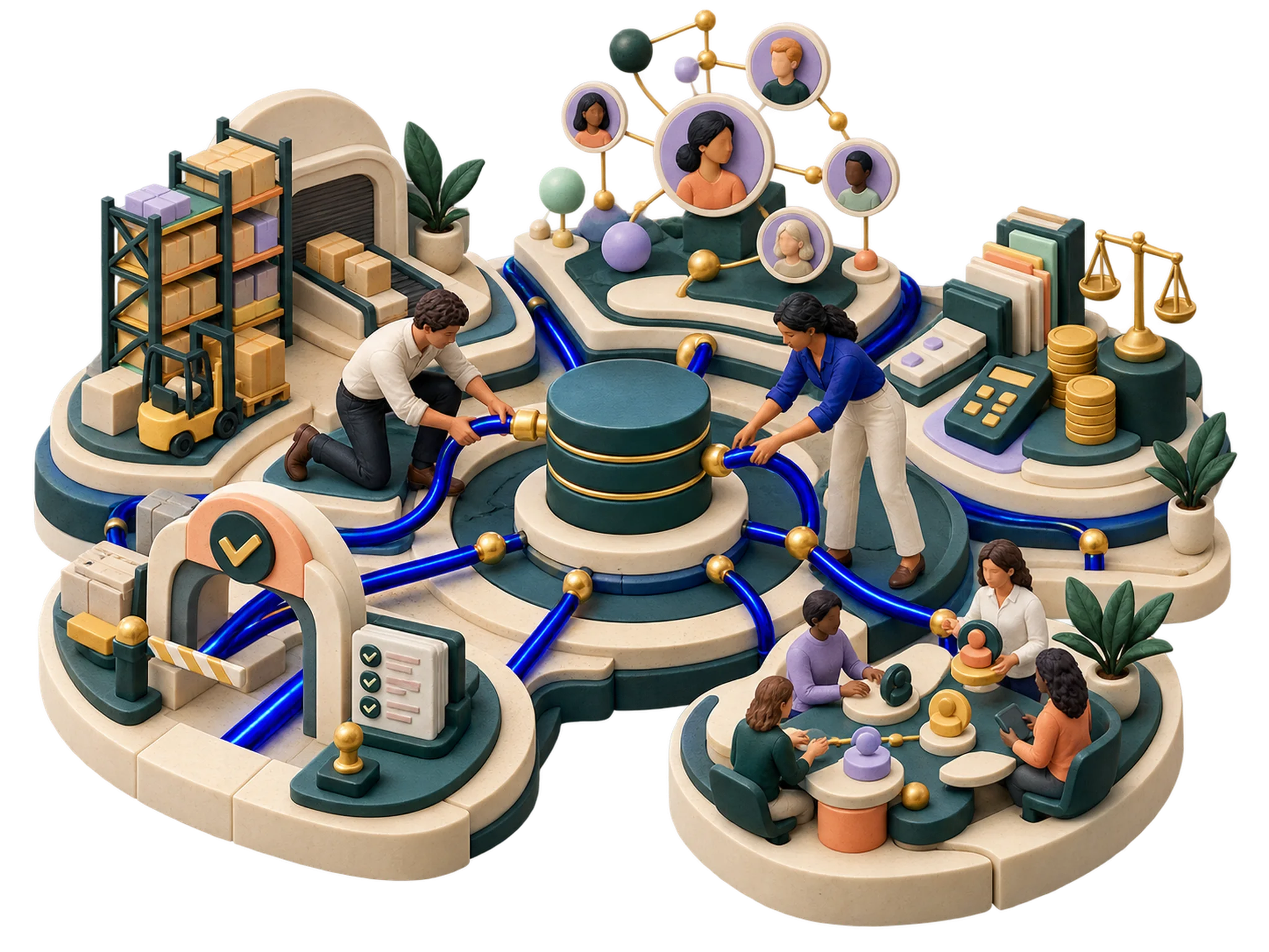 A connected ERP operations hub joining finance, inventory, customers, and approvals